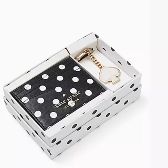 kate spade Cheers Boxed Card Holder and keychain black white polka dot nwt - Picture 1 of 7